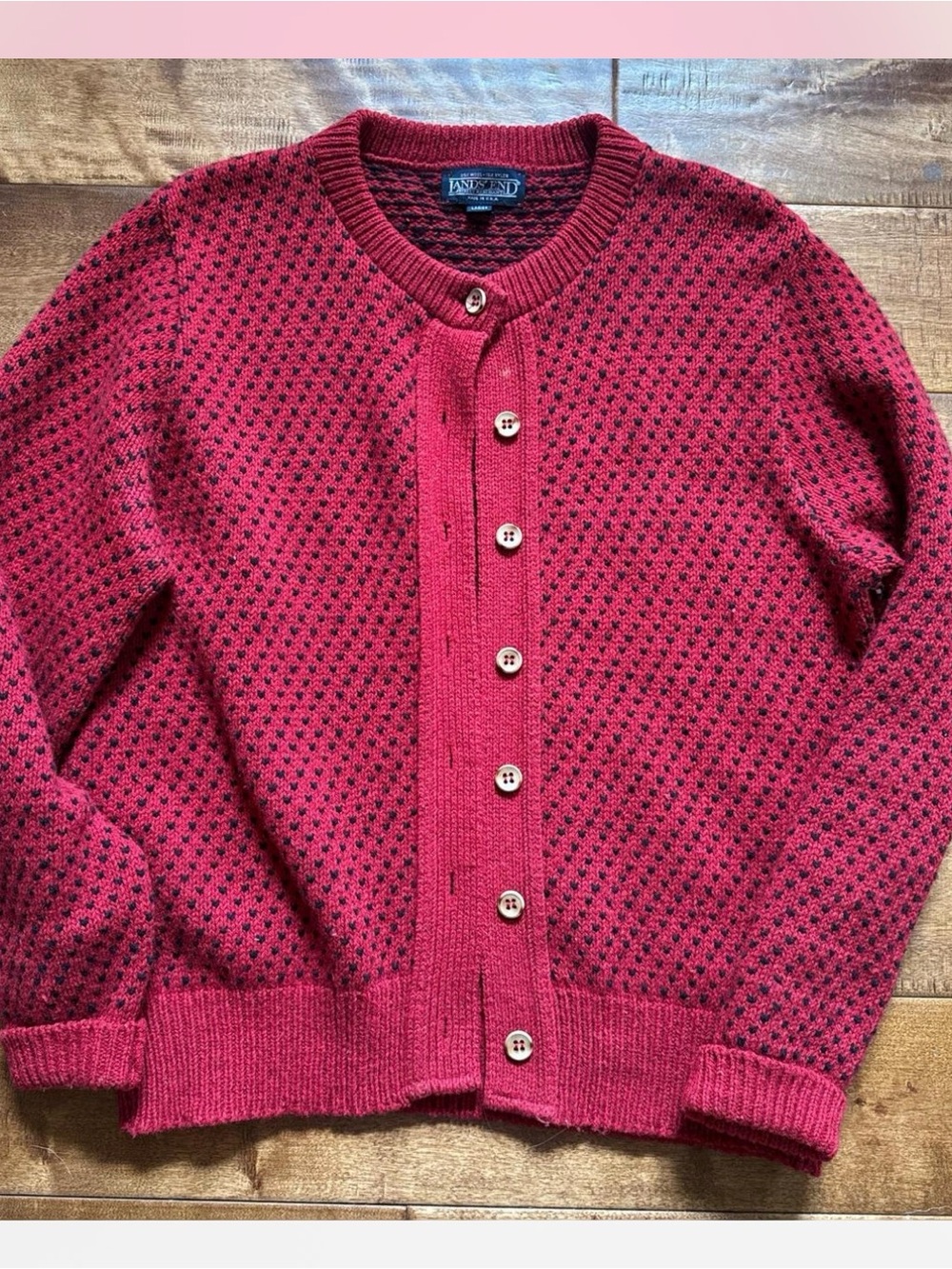 Lands' End Women's Wool Raspberry Red Crewneck Button Cardigan